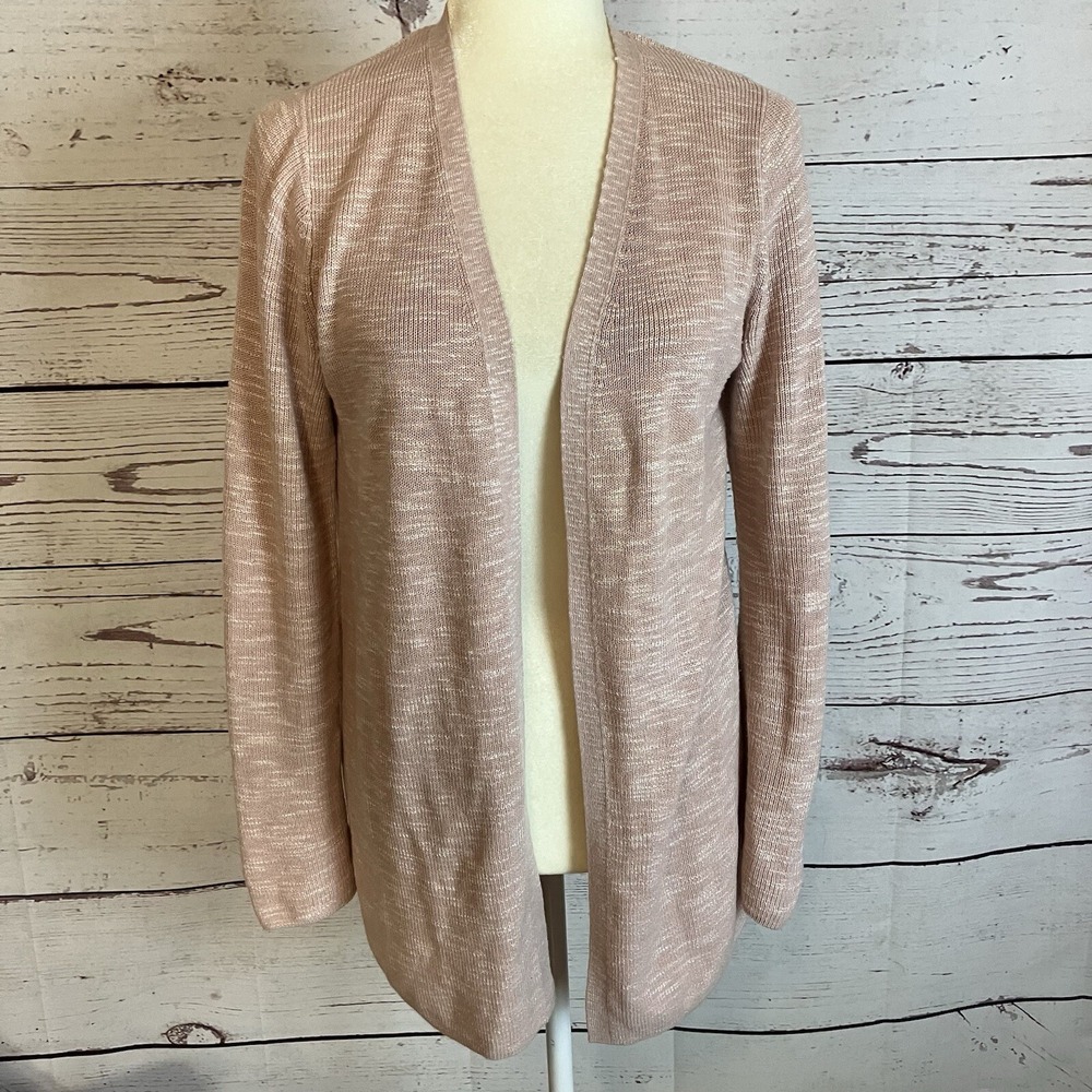 J Jill Cardigan Womens Size XS Pink Marled Linen Blend Open Front Long Sweater